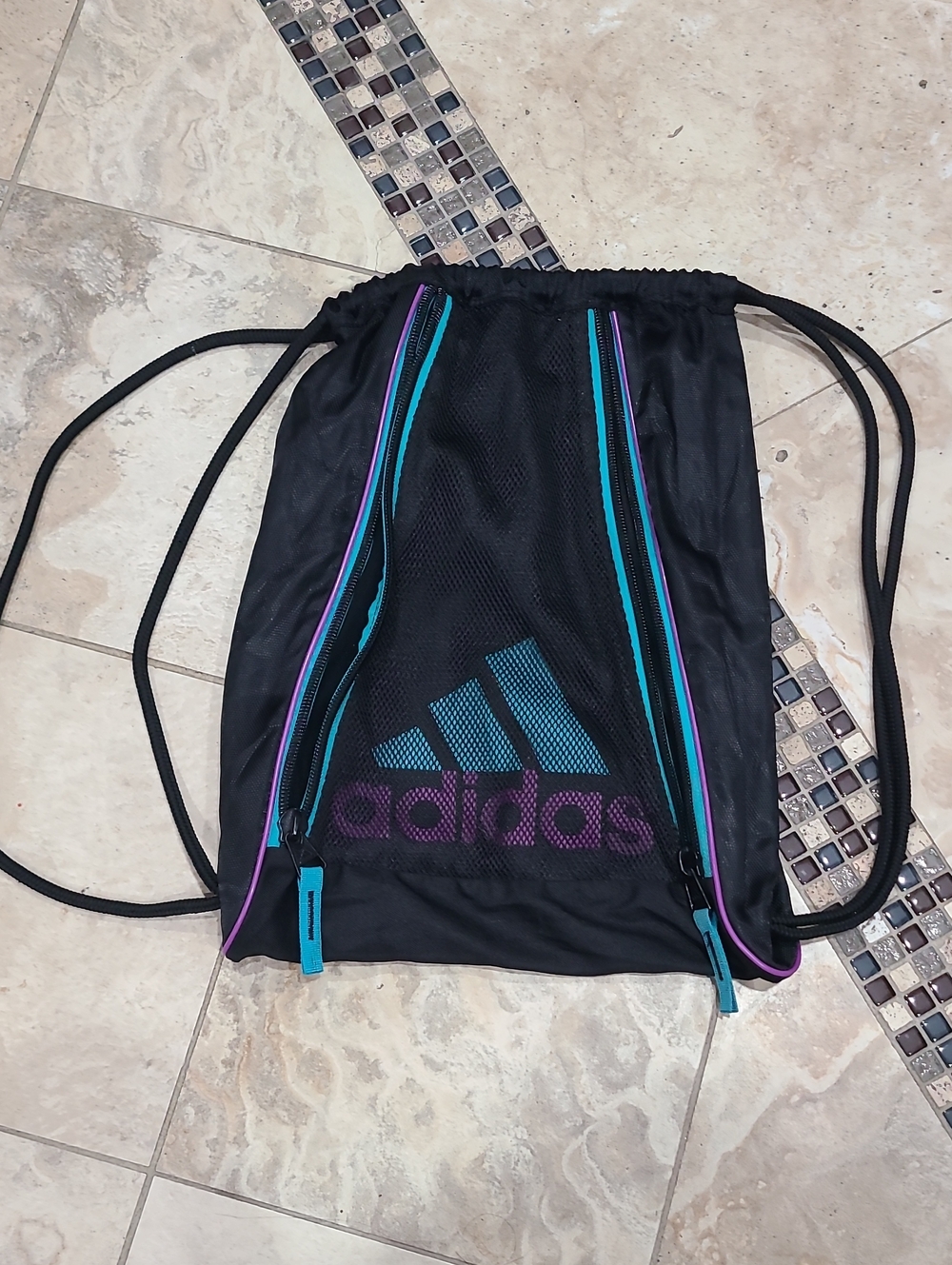 adidas Black Drawstring Backpack with Teal & Purple Accents